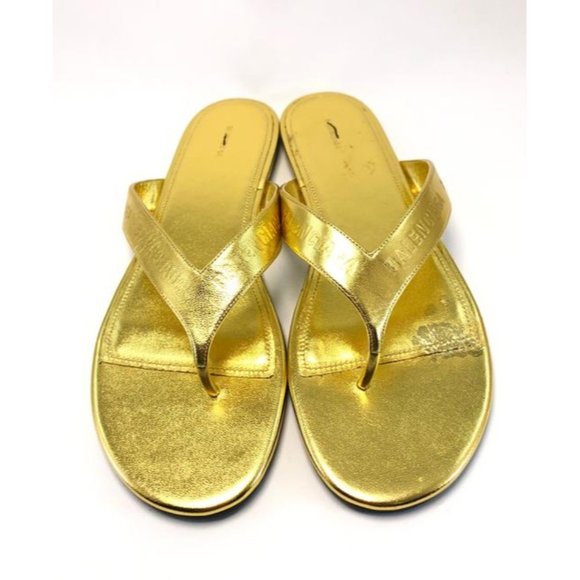 Balenciaga Gold Round Metallic Leather Flip Flops Sandals - Picture 2 of 12